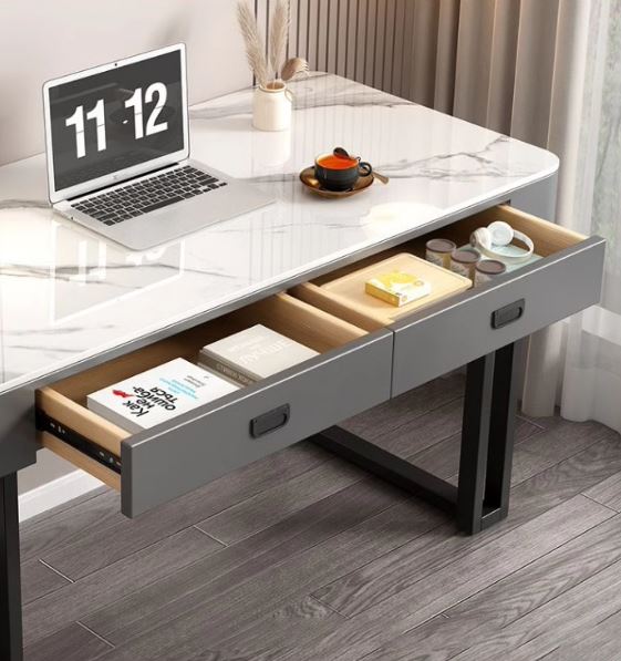 Imperial Duo-Drawer Desk: Luxury Marble Finish Table with Storage: Work, Game, and Style in One